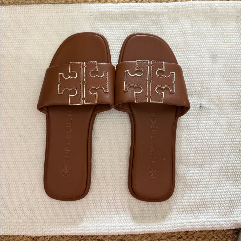 Tory Burch Chestnut Brown Leather Logo Slide Sandals